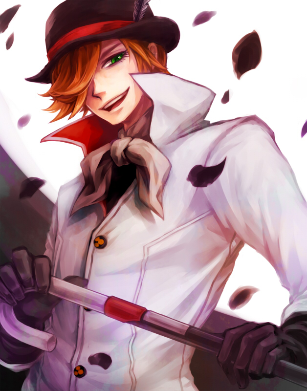1boy, asymmetrical_bangs, bangs, black_gloves, black_headwear, bowler_hat, buttons, cane