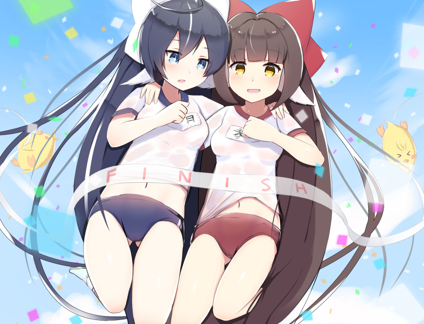 2girls, ahoge, animal_ears, arm_around_shoulder, ass_visible_through_thighs, azur_lane, black_hair, blue_buruma