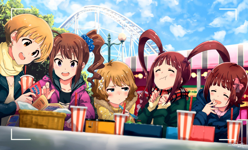 5girls, ahoge, amami_haruka, blonde_hair, blue_eyes, blush, bracelet, brown_eyes