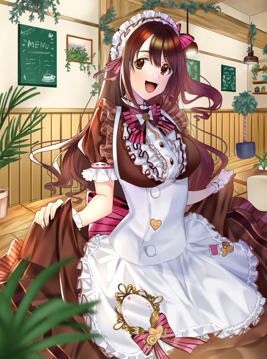 1girl, apron, bangs, black_blouse, black_skirt, blouse, blush, bow