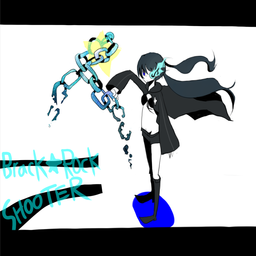 12345_(pixiv), bangs, belt, bikini_top, black_hair, black_rock_shooter, black_rock_shooter_(character), blue_eyes, boots, chain, chains, coat, flat_chest, front-tie_top, glowing, glowing_eyes, hood, hooded_jacket, hossi, jacket, knee_boots, long_hair, midriff, navel, pale_skin, short_shorts, shorts, solo, star, twintails, uneven_twintails, very_long_hair, wind