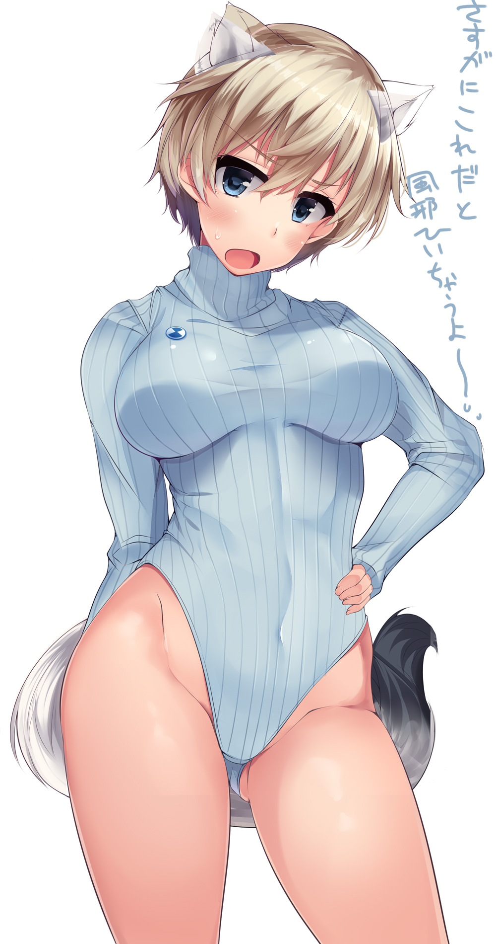 1girl, animal_ear_fluff, animal_ears, ass_visible_through_thighs, blonde_hair, blue_eyes, blue_leotard, brave_witches