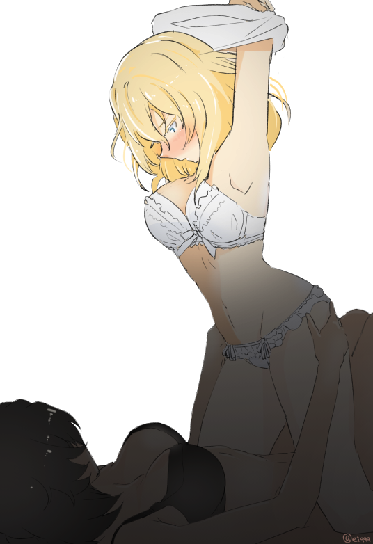 2girls, andou_(girls_und_panzer), armpits, arms_up, bangs, black_bra, black_hair, blonde_hair