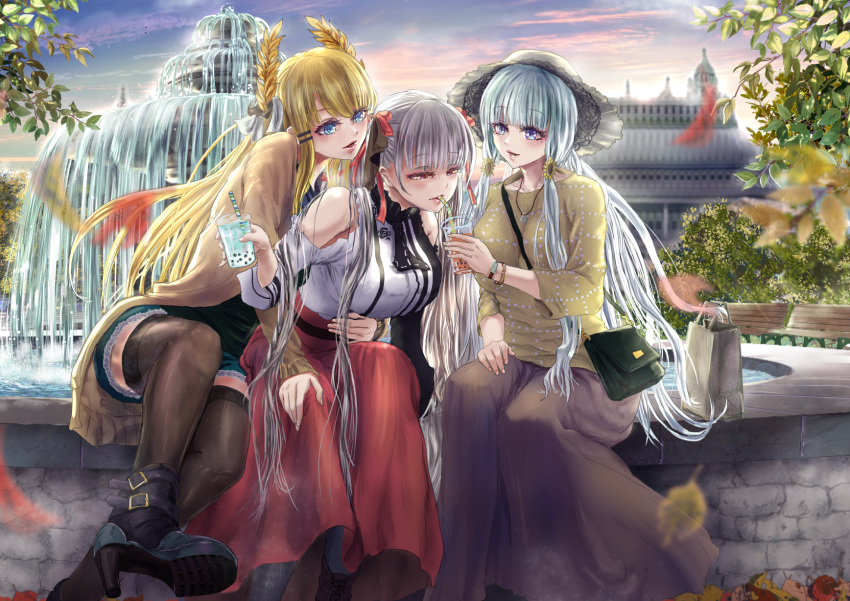 3girls, azur_lane, bag, black_legwear, blue_eyes, boots, breasts, bubble_tea