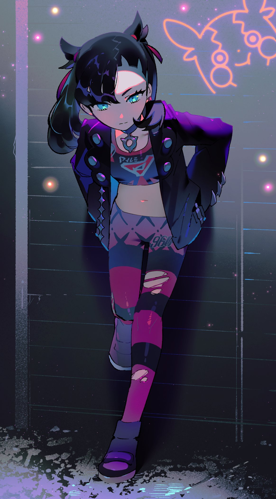 1girl, against_wall, asymmetrical_bangs, asymmetrical_hair, bangs, black_hair, black_jacket, blue_eyes