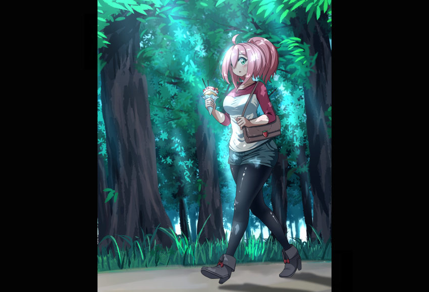 1girl, :o, absurdres, ahoge, bag, blush, breasts, english_commentary