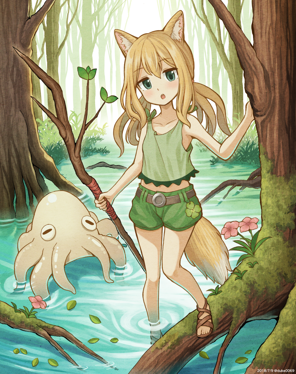 1girl, animal_ears, belt, black_belt, blonde_hair, blue_eyes, brown_footwear, clover