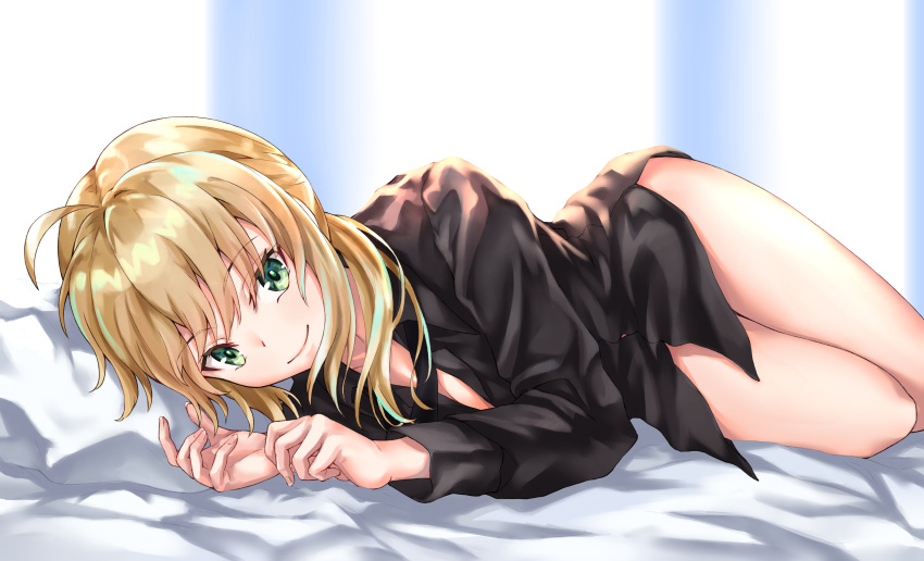 1girl, absurdres, ahoge, artoria_pendragon_(all), bangs, bed_sheet, black_neckwear, black_shirt