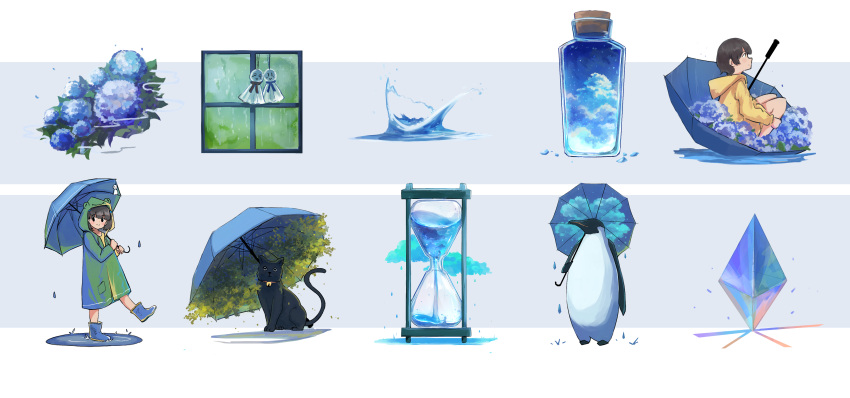 2girls, absurdres, animal, axleaki, bangs, bird, black_cat, blue_flower