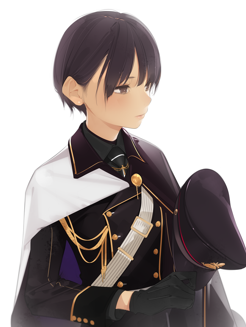 1girl, aiguillette, ama_mitsuki, androgynous, bangs, black_gloves, black_hair, black_headwear, black_neckwear, black_shirt, brown_eyes, cape, closed_mouth, commentary_request, cross, double-breasted, gloves, hair_behind_ear, hat, hat_removed, headwear_removed, holding, holding_hat, lips, long_sleeves, looking_away, lt, military, military_uniform, necktie, original, peaked_cap, shirt, short_hair, simple_background, solo, uniform, upper_body, white_background