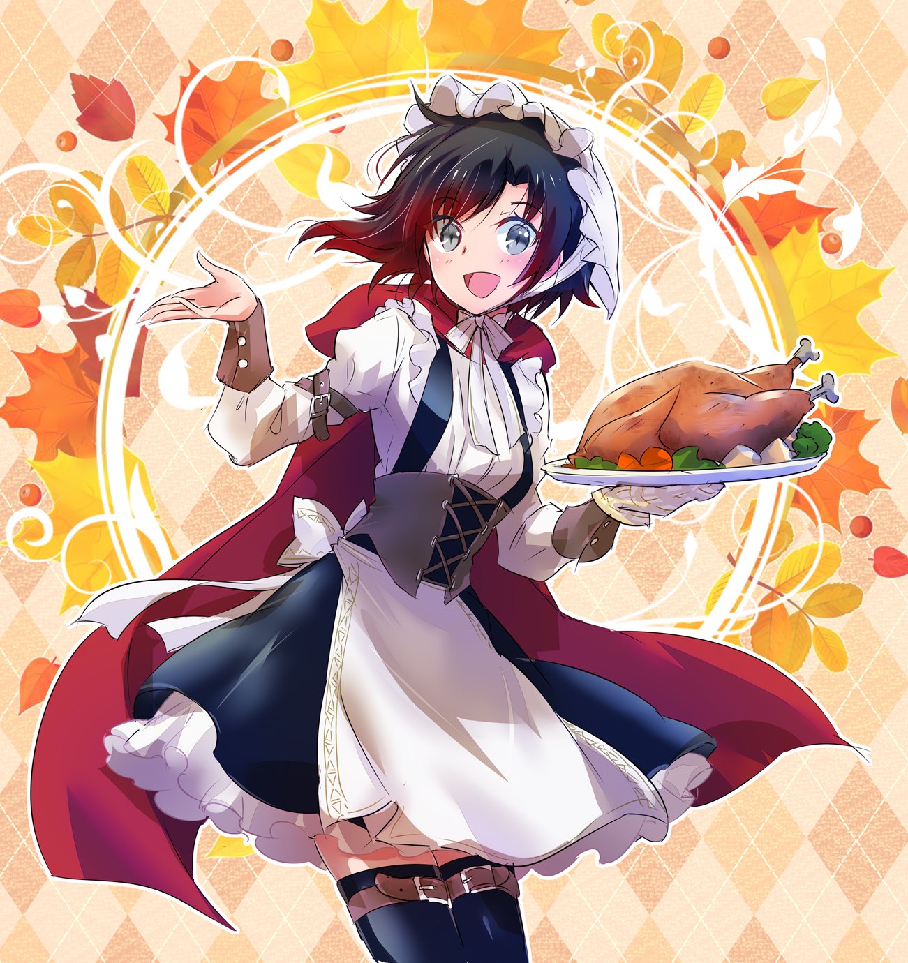 1girl, apron, argyle, argyle_background, belt, black_dress, black_hair, black_legwear