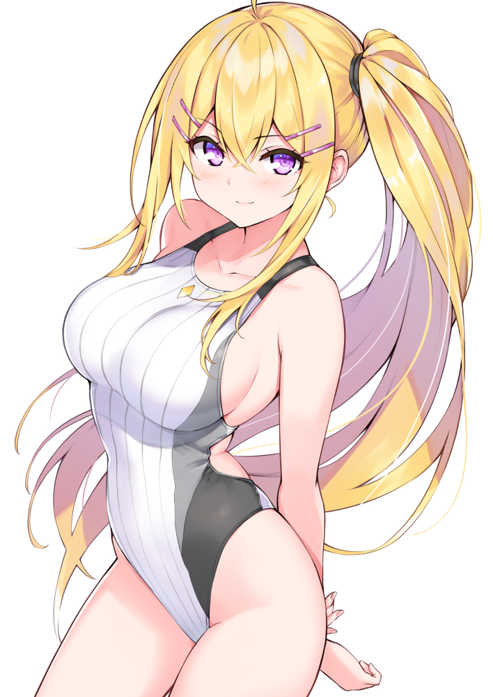 1girl, arms_behind_back, bangs, bare_arms, bare_shoulders, blonde_hair, blush, breasts