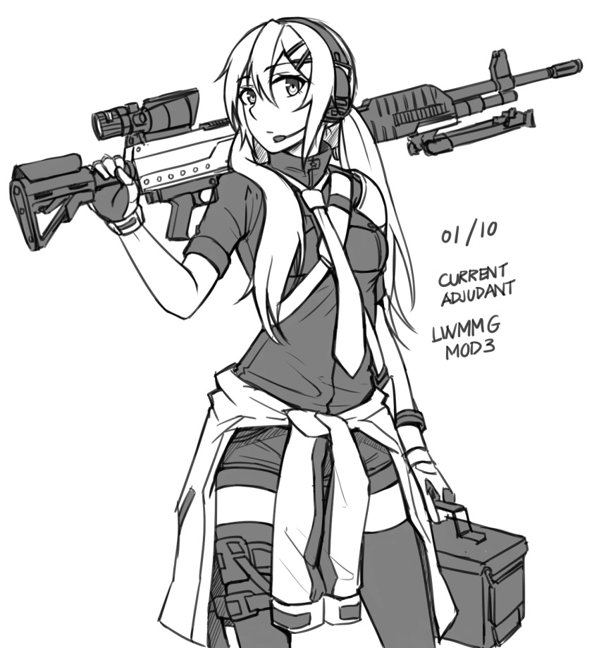 1girl, bangs, closed_mouth, clothes_around_waist, ear_protection, eyebrows_visible_through_hair, general_dynamics_lwmmg, girls_frontline, gloves, greyscale, gun, hair_between_eyes, hair_ornament, hairclip, headset, highres, holding, holding_gun, holding_weapon, jacket_around_waist, long_hair, looking_at_viewer, lwmmg_(girls_frontline), machine_gun, monochrome, ndtwofives, necktie, object_namesake, over_shoulder, scope, shirt, short_shorts, short_sleeves, shorts, simple_background, solo, thigh-highs, twintails, very_long_hair, weapon, weapon_over_shoulder, white_background, x_hair_ornament