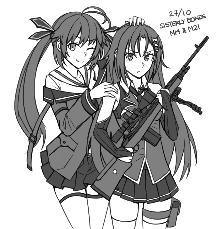 2girls, :t, ;), antenna_hair, bangs, bare_shoulders, battle_rifle, bridal_gauntlets