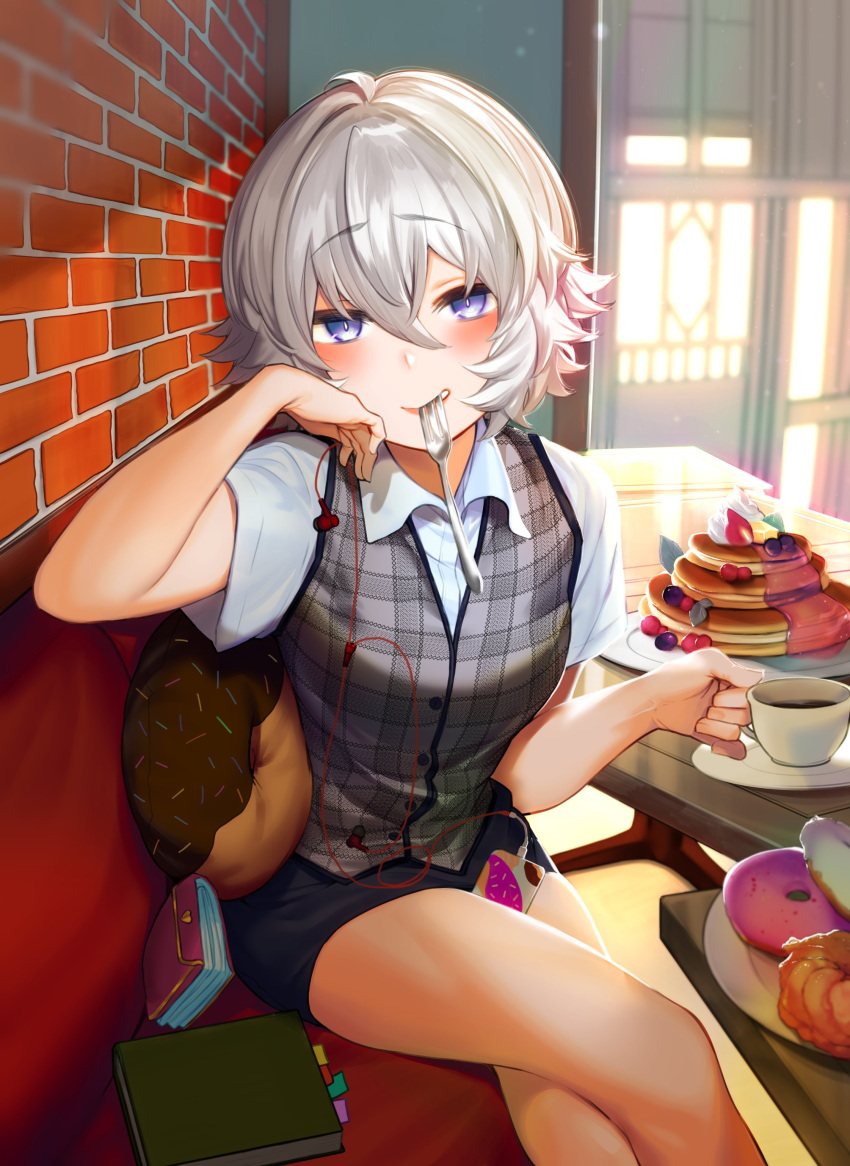 1girl, absurdres, ahoge, akagi_asahito, bangs, blush, book, brick_wall