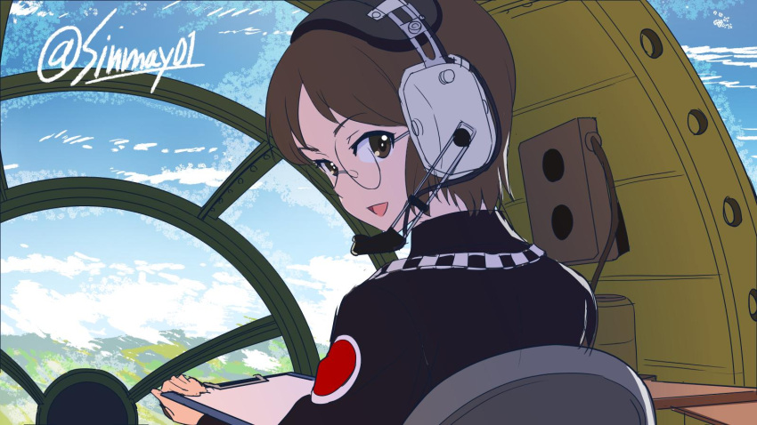 1girl, bangs, black_dress, blue_sky, brown_eyes, brown_hair, chain, clipboard, clouds, cloudy_sky, commentary, day, dress, emblem, girls_und_panzer, glasses, headset, highres, holding, holding_clipboard, japan_air_self-defense_force, japan_ground_self-defense_force, japan_maritime_self-defense_force, japan_self-defense_force, judge, long_sleeves, open_mouth, plane_interior, round_eyewear, sasagawa_kanon, shinmai_(kyata), short_hair, sitting, sky, smile, solo, twitter_username, uniform, vehicle_interior