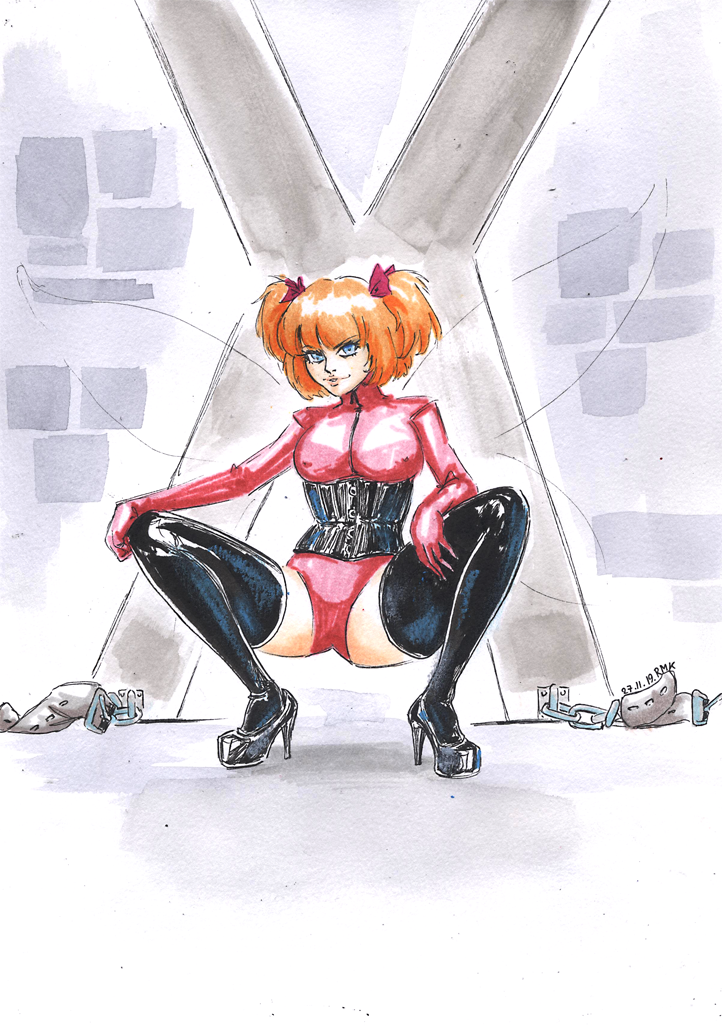 1girl, bdsm, black_corset, black_footwear, blue_eyes, boots, breasts, brick_wall