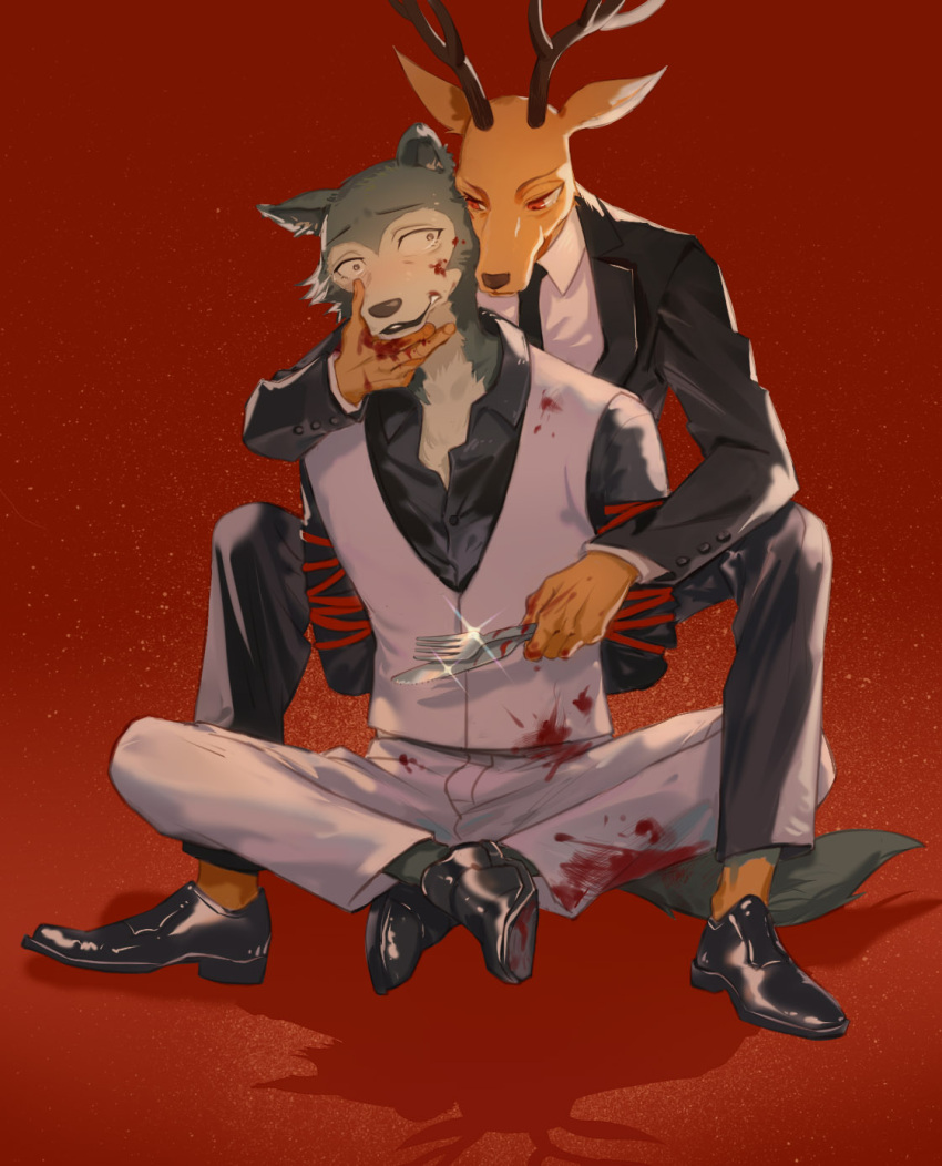 2boys, akumey, beastars, black_footwear, black_neckwear, black_pants, black_suit, blood
