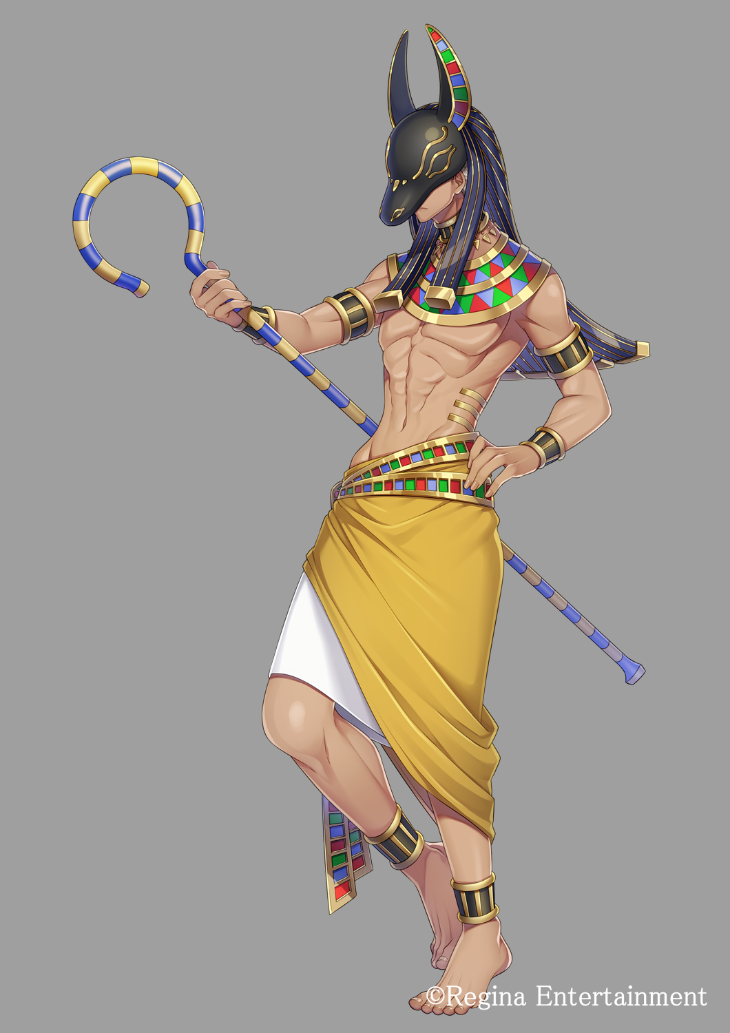 1boy, barefoot, commentary_request, dark_skin, egyptian, egyptian_clothes, full_body, grey_background