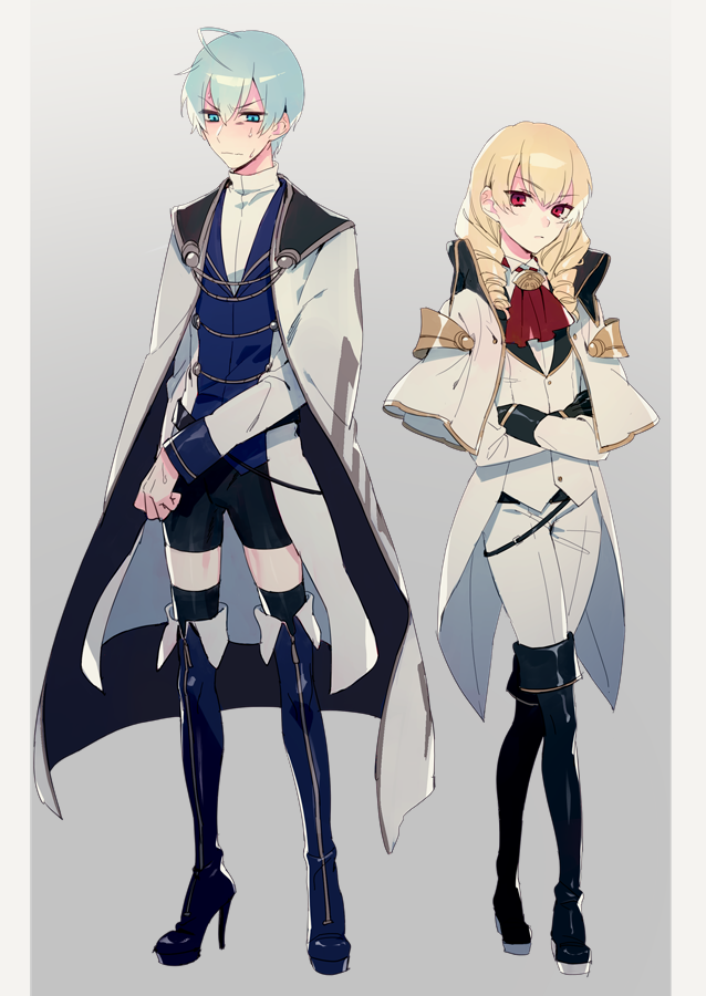 1boy, 1girl, ahoge, alternate_color, aqua_eyes, bangs, belt, bike_shorts, black_gloves, blonde_hair, blush, boots, breasts, cape, collar, cosplay, costume_switch, drill_hair, embarrassed, empty_eyes, erika_wagner, eyebrows_visible_through_hair, gloves, hair_between_eyes, jacket, londrekia_light, long_hair, red_eyes, red_neckwear, short_hair, shoulder_pads, silver_hair, skirt, small_breasts, source_request, standing, suzunashi, sweat, sweatdrop, thigh-highs, twin_drills, twintails, under_night_in-birth, uniform, white_hair, zettai_ryouiki