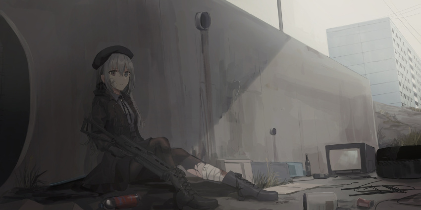 1girl, bandaged_leg, bandages, bangs, beret, black_footwear, black_headwear, black_jacket