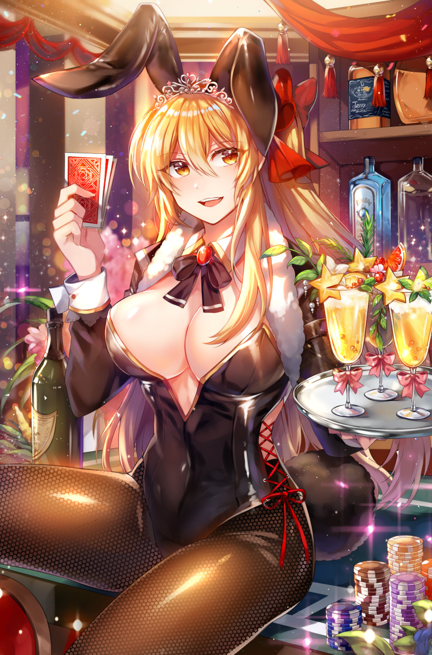 1girl, animal_ears, black_legwear, black_leotard, blonde_hair, bottle, breasts, bunny_girl