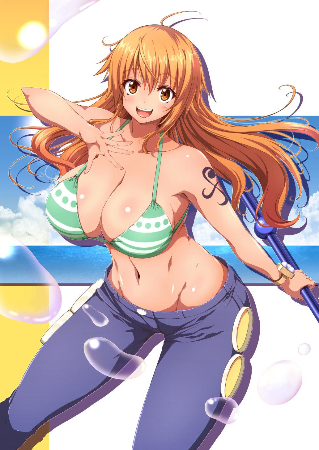 1girl, ahoge, bare_shoulders, bikini, blush, breasts, denim, eyebrows_visible_through_hair, highres, huge_breasts, jeans, looking_at_viewer, nami_(one_piece), one_piece, open_mouth, orange_hair, pants, shiny, shiny_hair, shiny_skin, shoulder_tattoo, simple_background, solo, super_nekopunch, swimsuit, tattoo