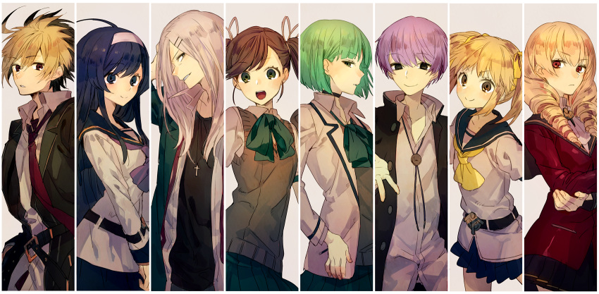 3boys, 5girls, ahoge, amulet, bangs, belt, black_eyes, black_hair