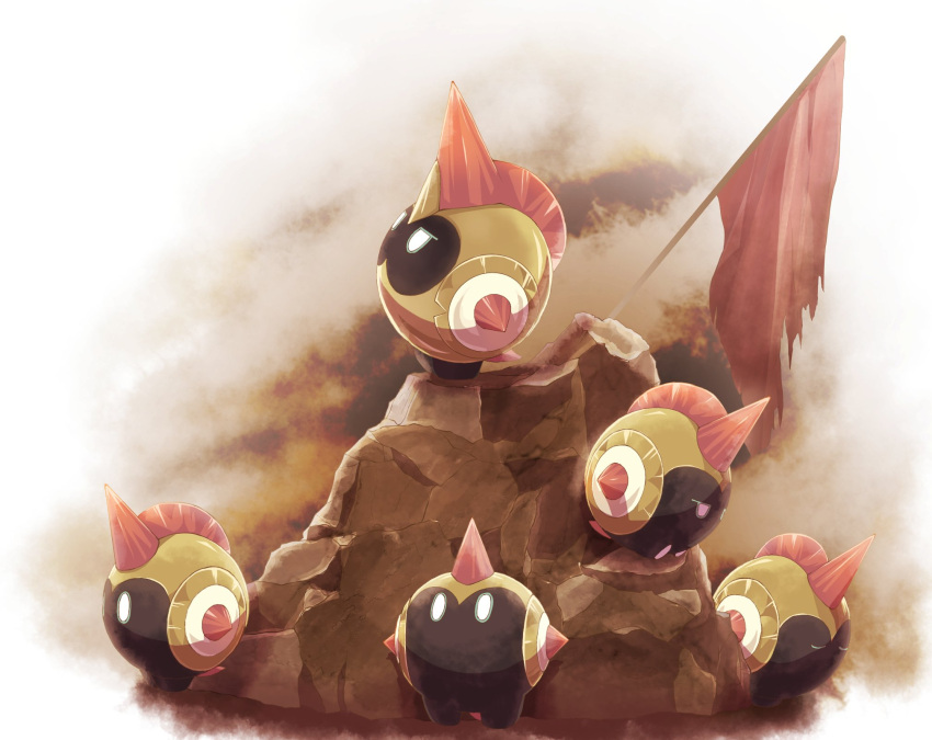 closed_eyes, falinks, flag, gen_8_pokemon, helmet, highres, looking_up, no_humans