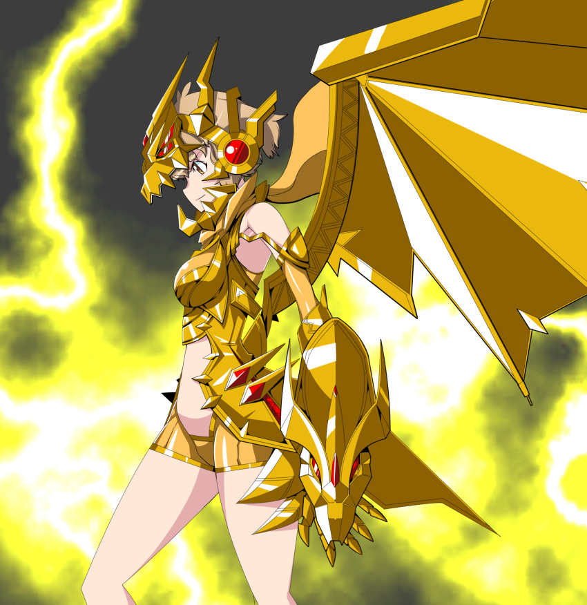 1girl, bare_shoulders, bodysuit, breasts, brown_eyes, brown_hair, claws, commentary_request, cosplay, crossover, dragon, dragon_horns, dragon_wings, electricity, fangs, gloves, godzilla_(series), hair_ornament, headgear, headphones, highres, horns, ignite_module, king_ghidorah, king_ghidorah_(cosplay), mecha_musume, medium_breasts, namida_boshi, orange_eyes, platform_footwear, platform_heels, red_eyes, senki_zesshou_symphogear, senki_zesshou_symphogear_xd_unlimited, sharp_teeth, short_hair, skin_tight, sky, smile, symphogear_pendant, tachibana_hibiki_(symphogear), teeth, torn_bodysuit, torn_clothes, wings