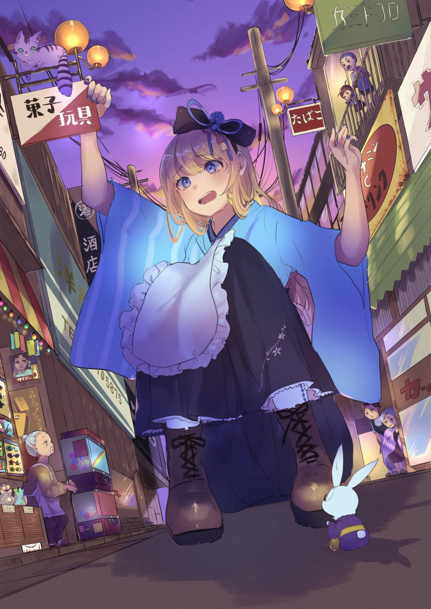 1boy, 5girls, alice_(wonderland), alice_in_wonderland, black_bow, black_hakama, blonde_hair, blue_eyes