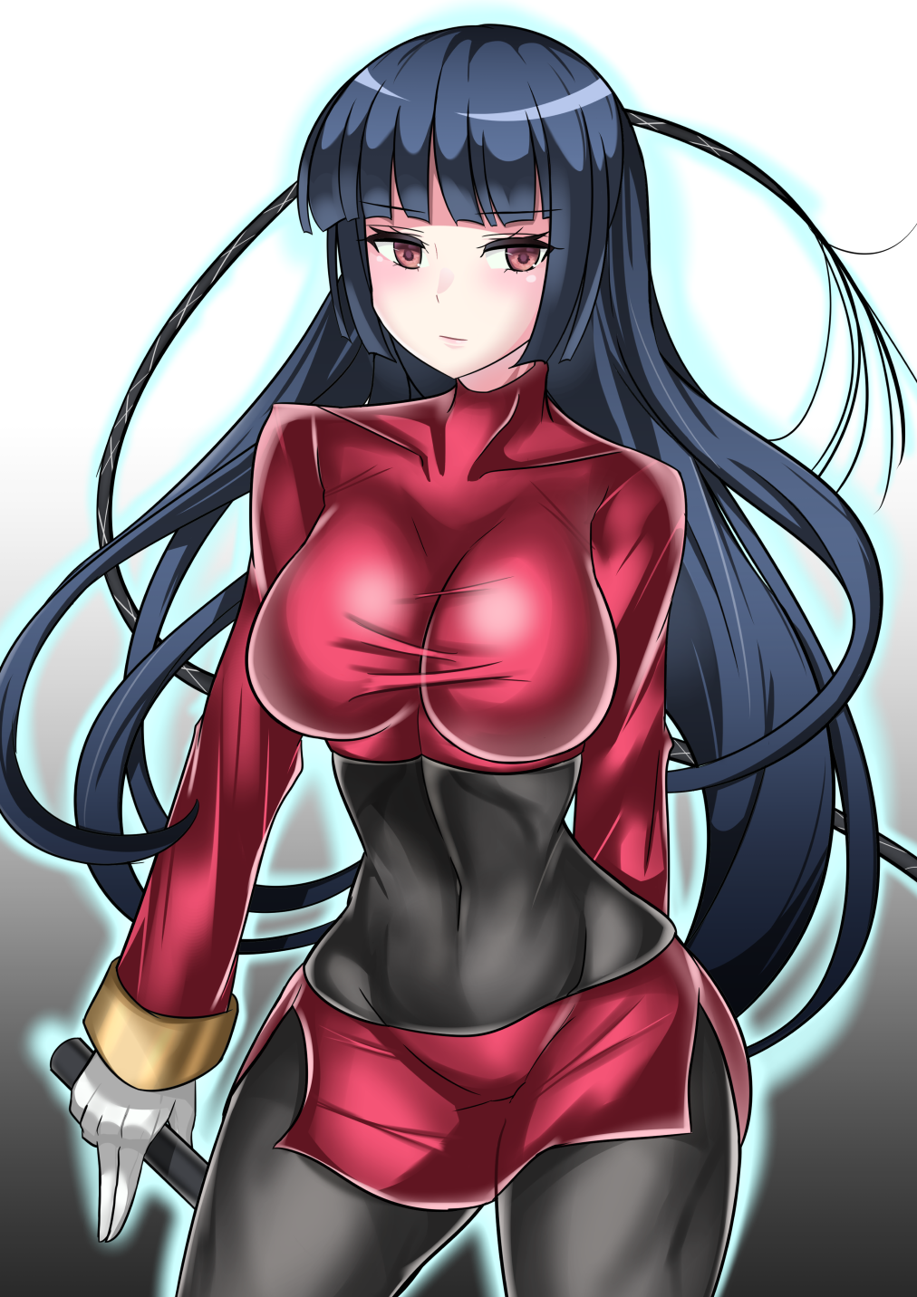 1girl, aura, bangs, black_bodysuit, black_hair, blunt_bangs, bodysuit, bodysuit_under_clothes