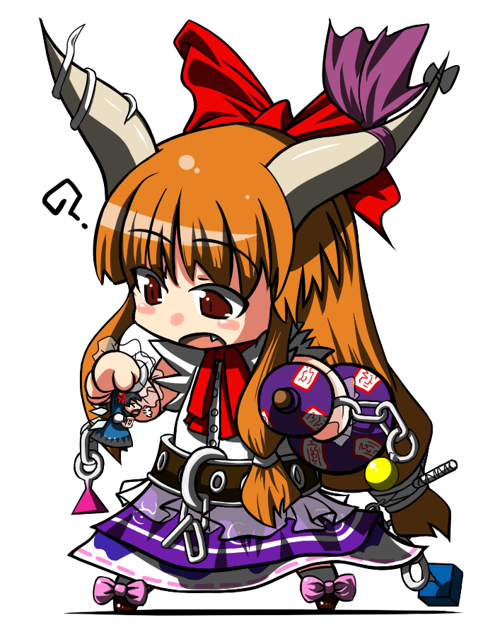 bad_id, blue_hair, brown_hair, cirno, fang, horns, ibuki_suika, long_hair