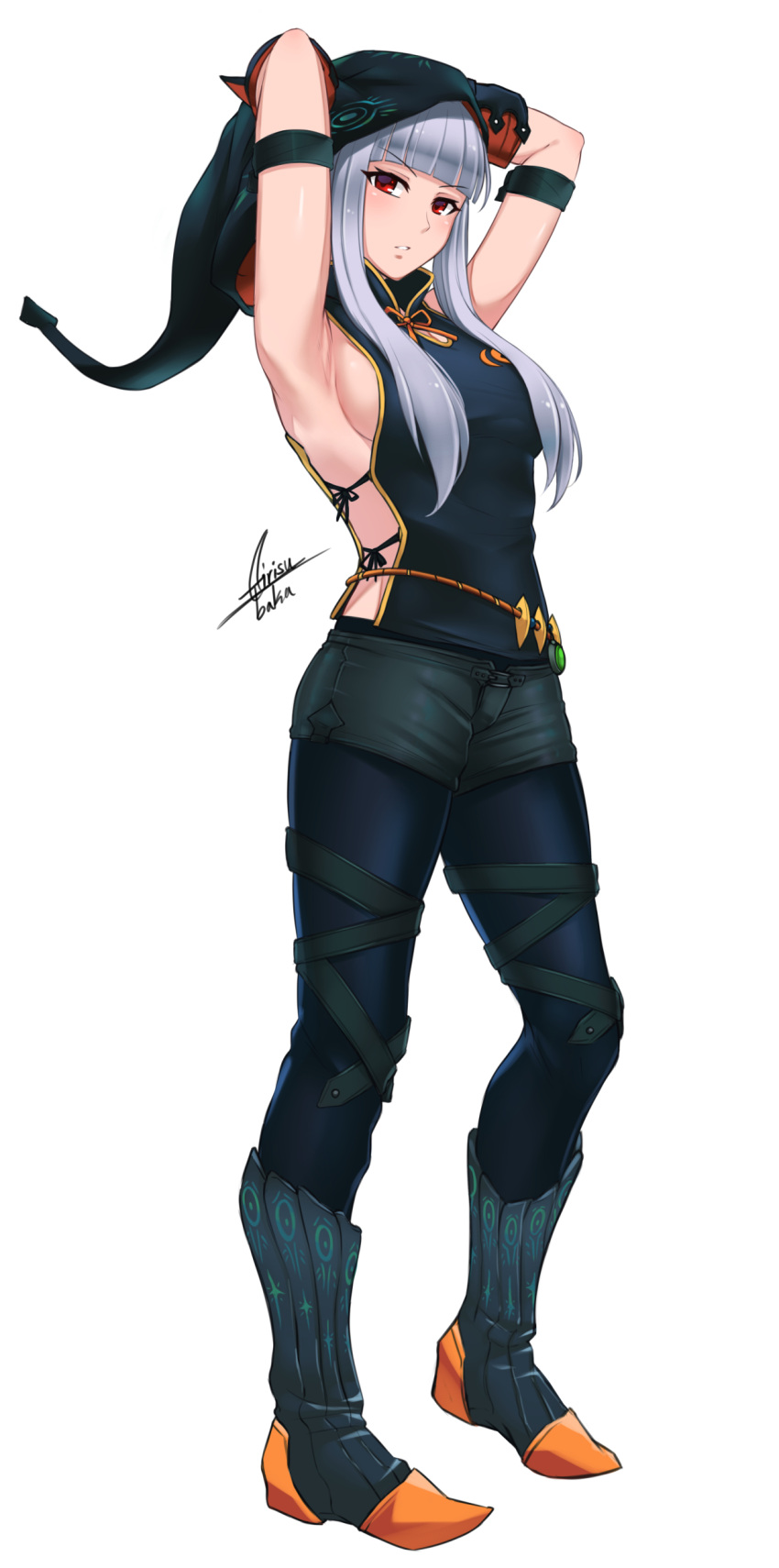 1girl, absurdres, airisubaka, armband, armpits, arms_behind_head, arms_up, artist_name