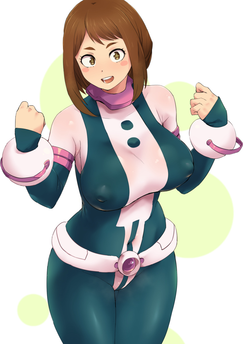 1girl, blush_stickers, bodysuit, boku_no_hero_academia, breasts, brown_eyes, brown_hair, highres