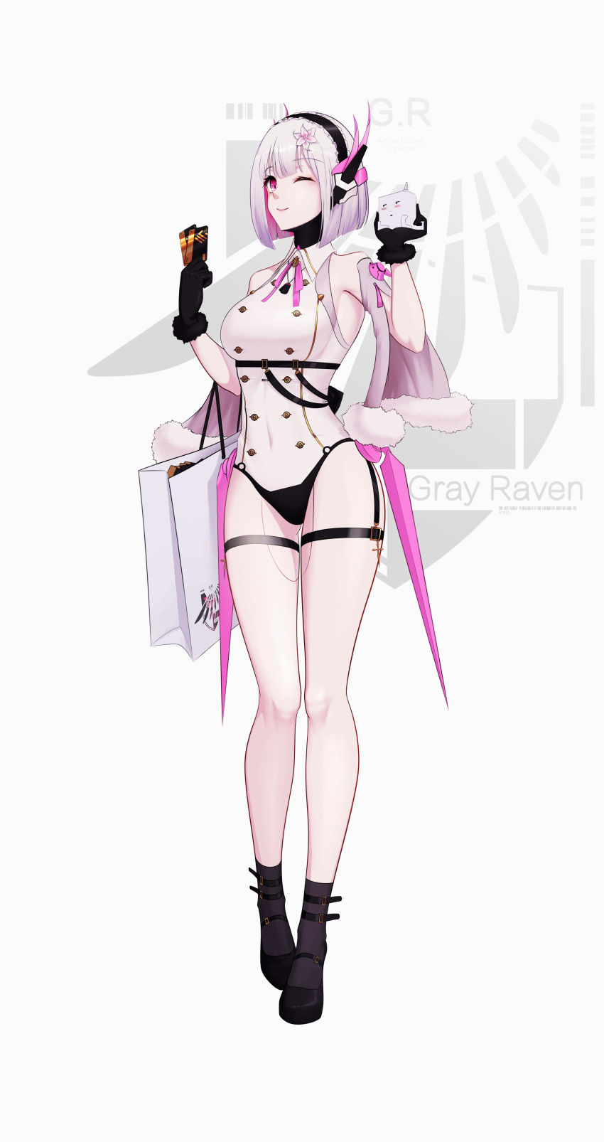 1girl, ;), absurdres, bag, bangs, bare_shoulders, black_footwear, black_gloves