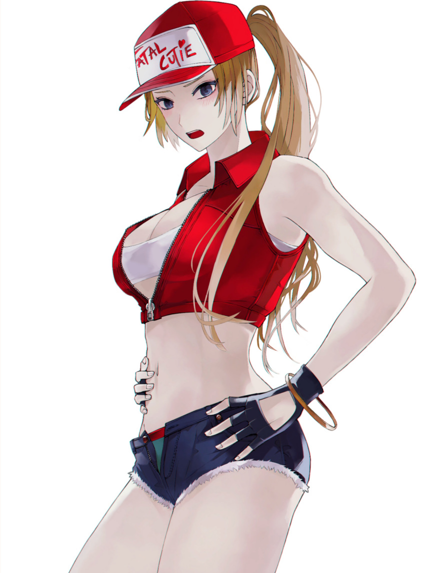 1girl, baseball_cap, blonde_hair, blue_eyes, breasts, denim, denim_shorts, fatal_fury