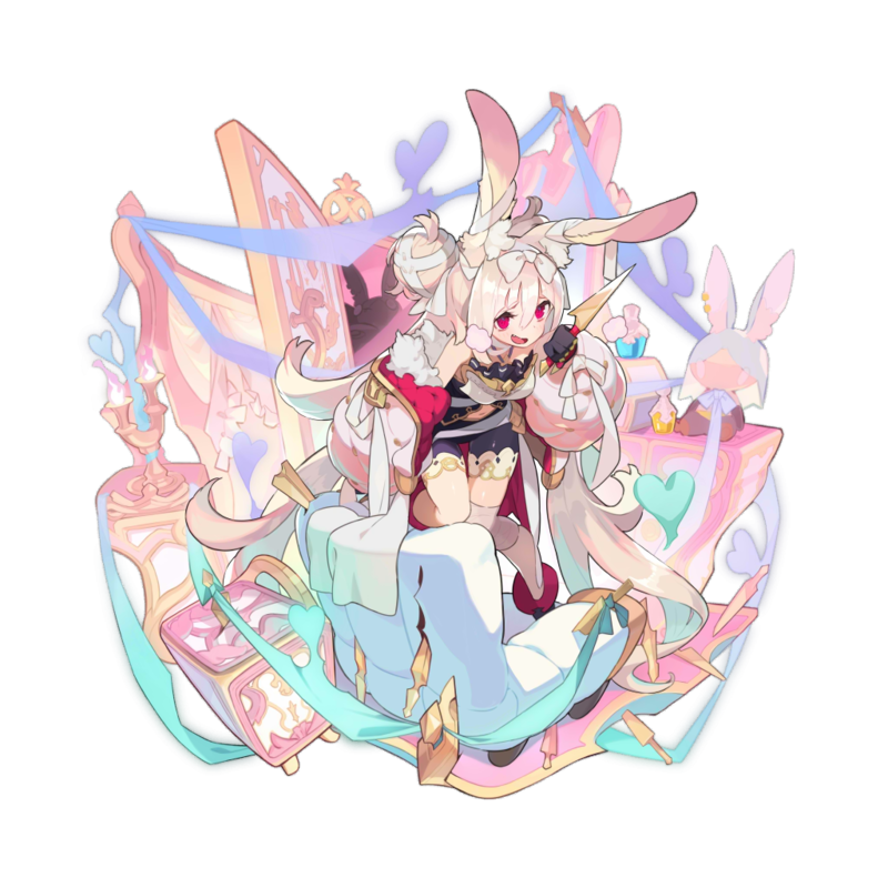 1girl, animal_ears, black_gloves, bunny_girl, chelsea_(dragalia_lost), couch, doll, dragalia_lost, gloves, hair_ribbon, heart, knife, long_coat, long_hair, luca_(dragalia_lost), official_art, rabbit_ears, red_eyes, ribbon, saitou_naoki, smile, solo, transparent_background, white_hair