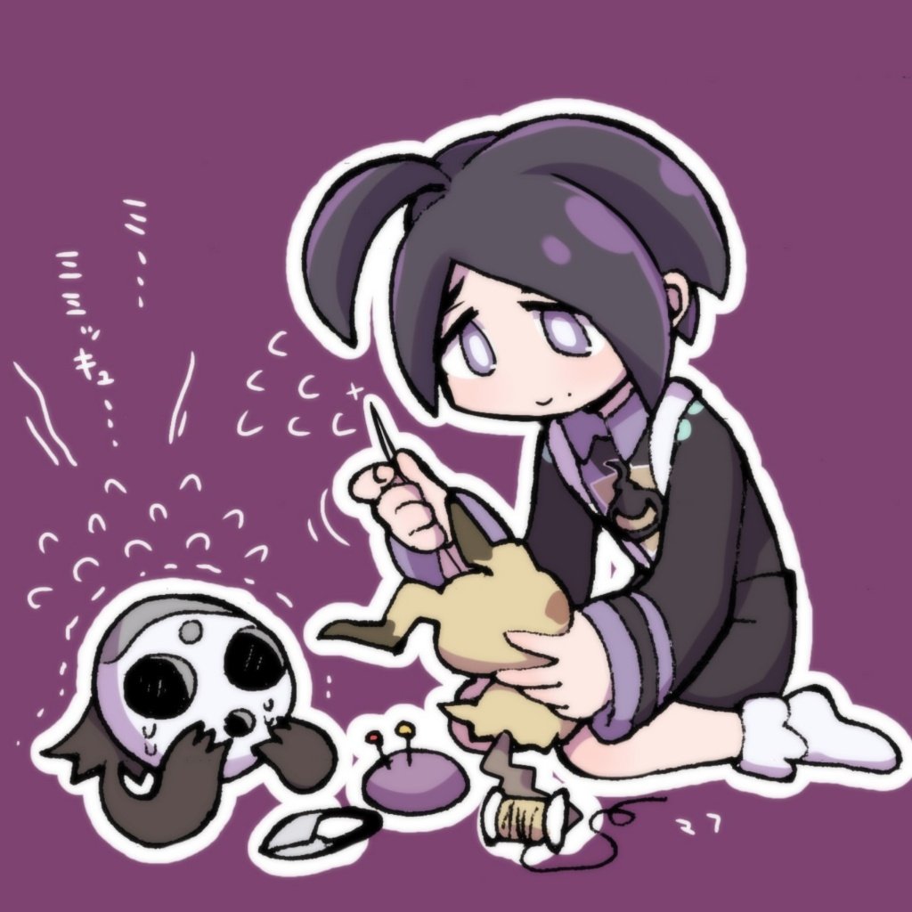 1boy, ahoge, ankle_socks, black_hair, chibi, gloves, gym_leader, holding_needle