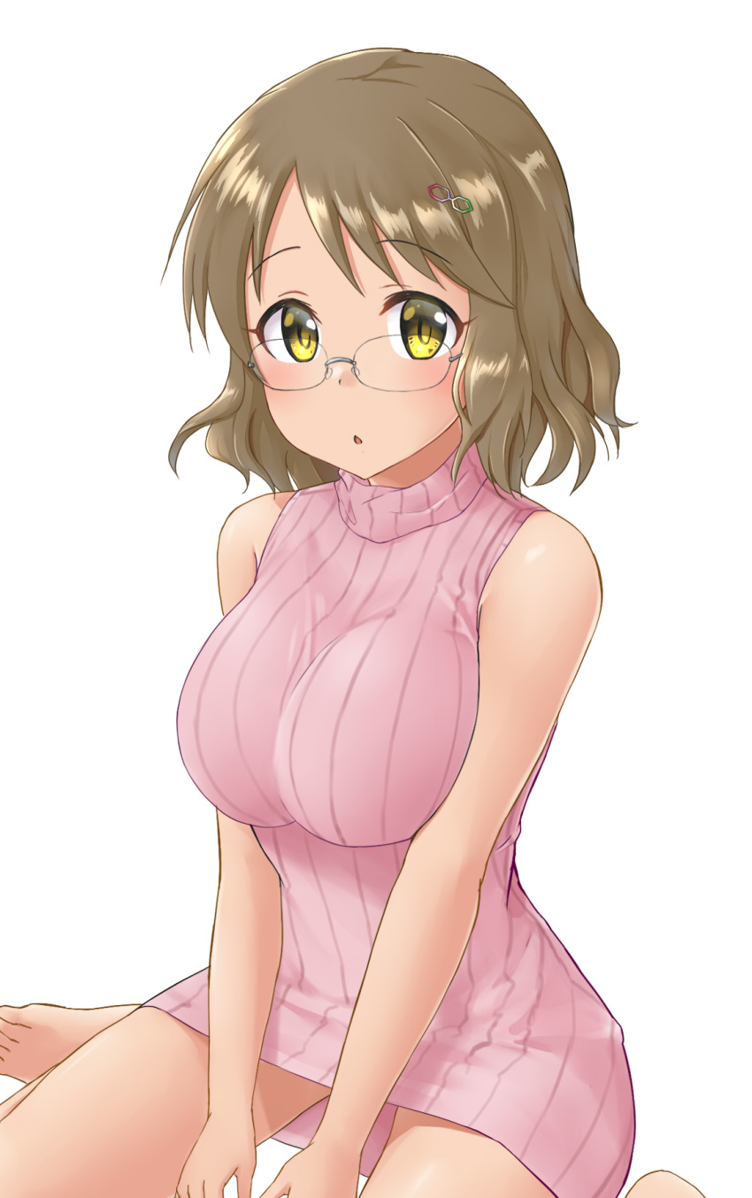 1girl, aimobake, alternate_costume, bangs, bare_arms, bare_legs, bespectacled, blush, breasts, brown_hair, chestnut_mouth, dress, eyebrows_visible_through_hair, eyelashes, glasses, hair_ornament, hairclip, hands_on_lap, highres, idolmaster, idolmaster_cinderella_girls, large_breasts, looking_at_viewer, no_shoes, open_mouth, pink_dress, ribbed_dress, rimless_eyewear, shiny, shiny_skin, short_hair, simple_background, sitting, sleeveless, sleeveless_dress, solo, swept_bangs, taut_clothes, tsukimiya_miyabi, turtleneck_dress, wariza, wavy_hair, white_background, yellow_eyes
