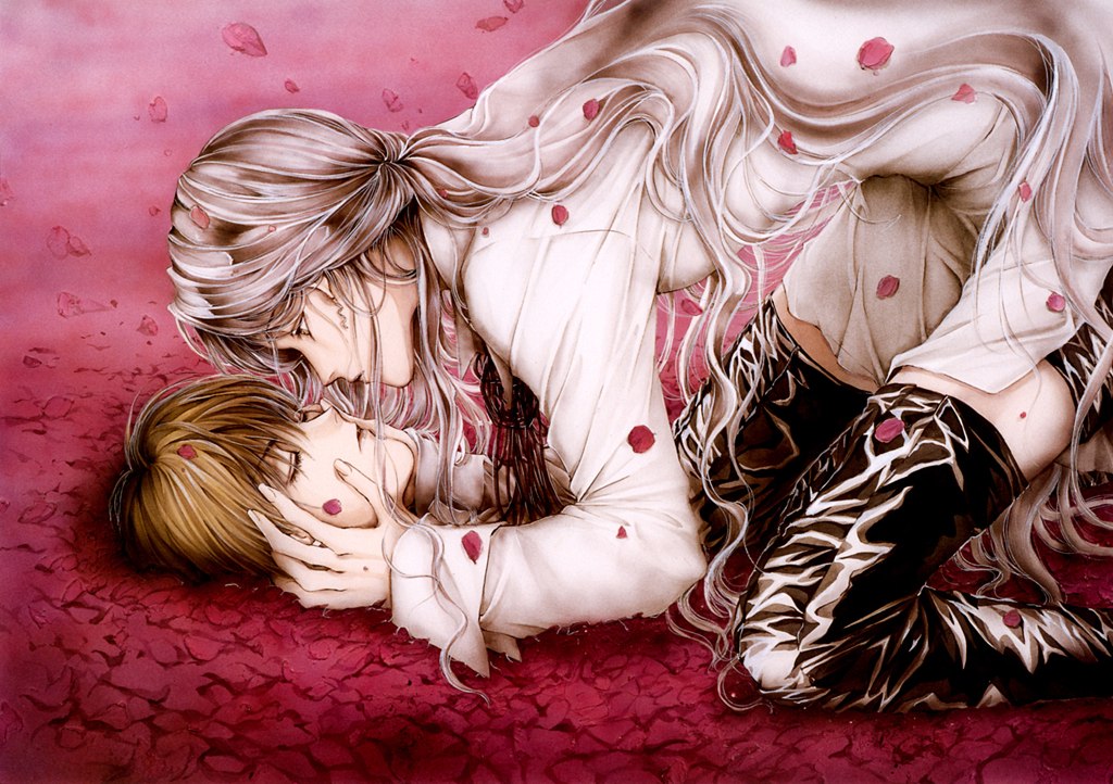 androgynous, angel_sanctuary, artbook, blonde_hair, boots, closed_eyes, kneeling, lost_angel