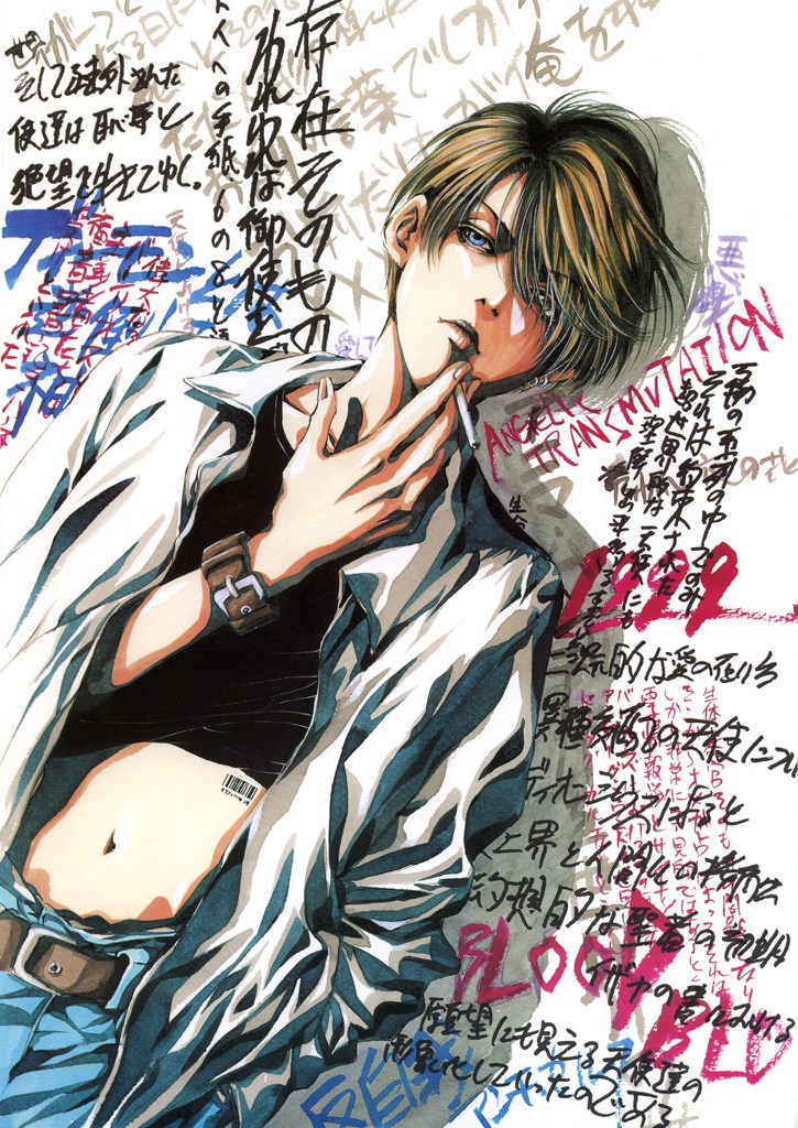 artbook, barcode, belly, belt, brown_hair, cigarette, coat, earrings