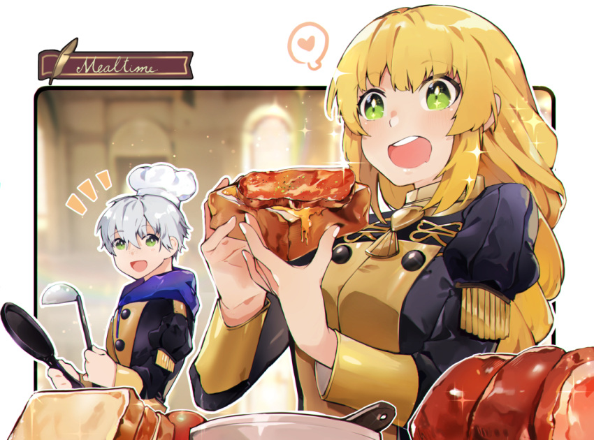 1boy, 1girl, ashe_ubert, blonde_hair, bread, chef_hat, eating, fire_emblem