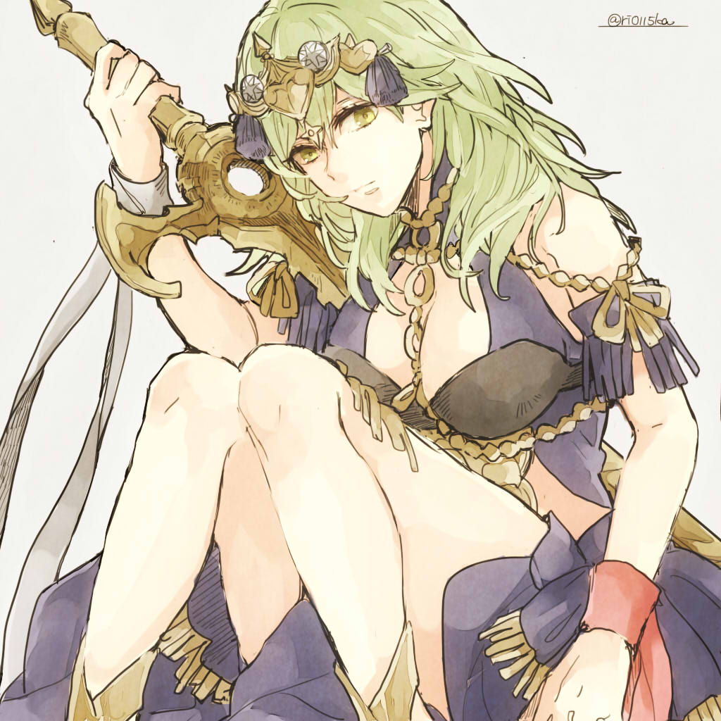 1girl, banira_(ri0115ka), byleth_(fire_emblem), byleth_eisner_(female), closed_mouth, cosplay, fire_emblem, fire_emblem:_three_houses, green_eyes, green_hair, grey_background, holding, holding_sword, holding_weapon, medium_hair, simple_background, solo, sothis_(fire_emblem), sothis_(fire_emblem)_(cosplay), sword, twitter_username, weapon