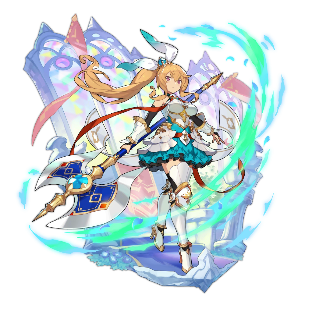 1girl, armored_boots, axe, bare_shoulders, blue_ribbon, boots, breastplate, dragalia_lost