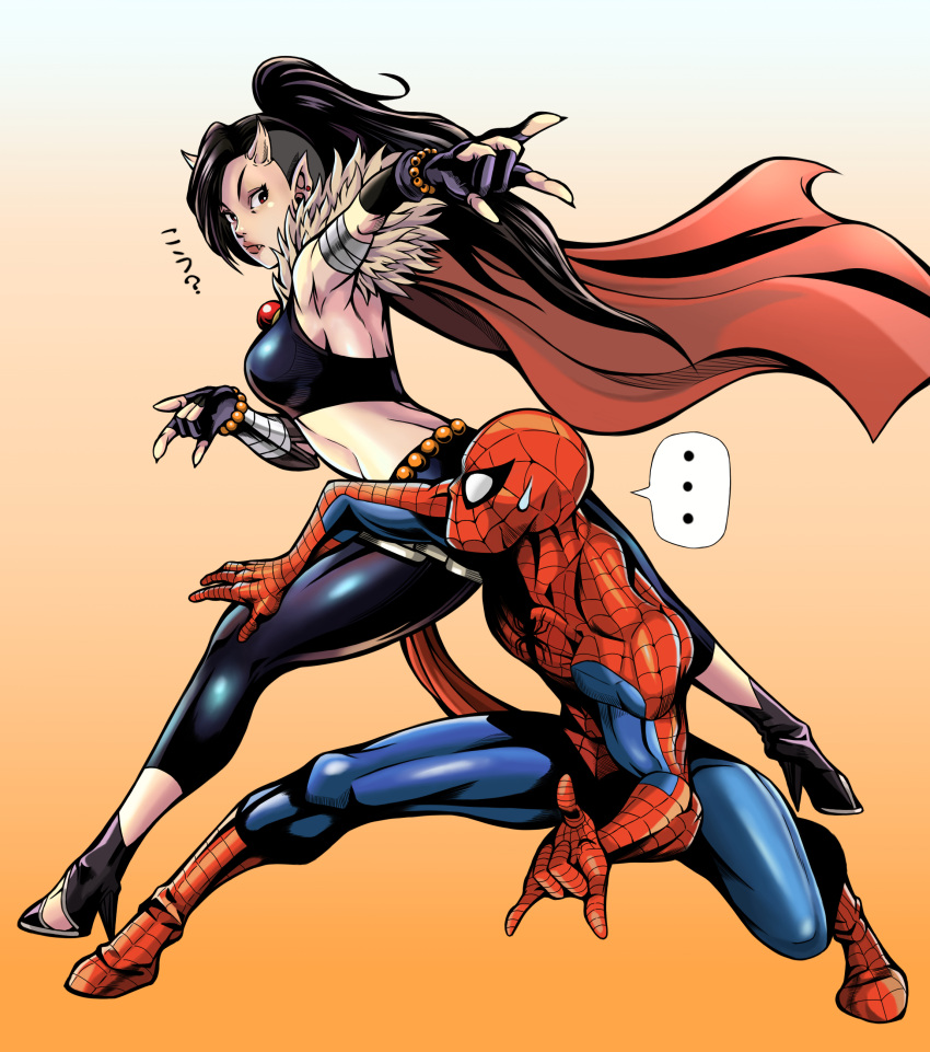 ..., 1boy, 1girl, \m/, absurdres, back-to-back, black_hair, bodysuit, breasts, cape, commentary_request, crop_top, crossover, fang, fingerless_gloves, full_body, gloves, high_heels, highres, lips, long_hair, marvel, medium_breasts, oni, oni_horns, oni_nee-san_(to-ru), original, pants, pointy_ears, ponytail, red_eyes, spider-man, spider-man_(series), spider_web_print, superhero, sweatdrop, to-ru, undercut, yoga_pants