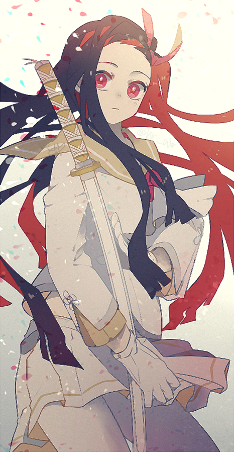 1girl, alternate_costume, black_hair, closed_mouth, gloves, hair_ribbon, holding, holding_sword