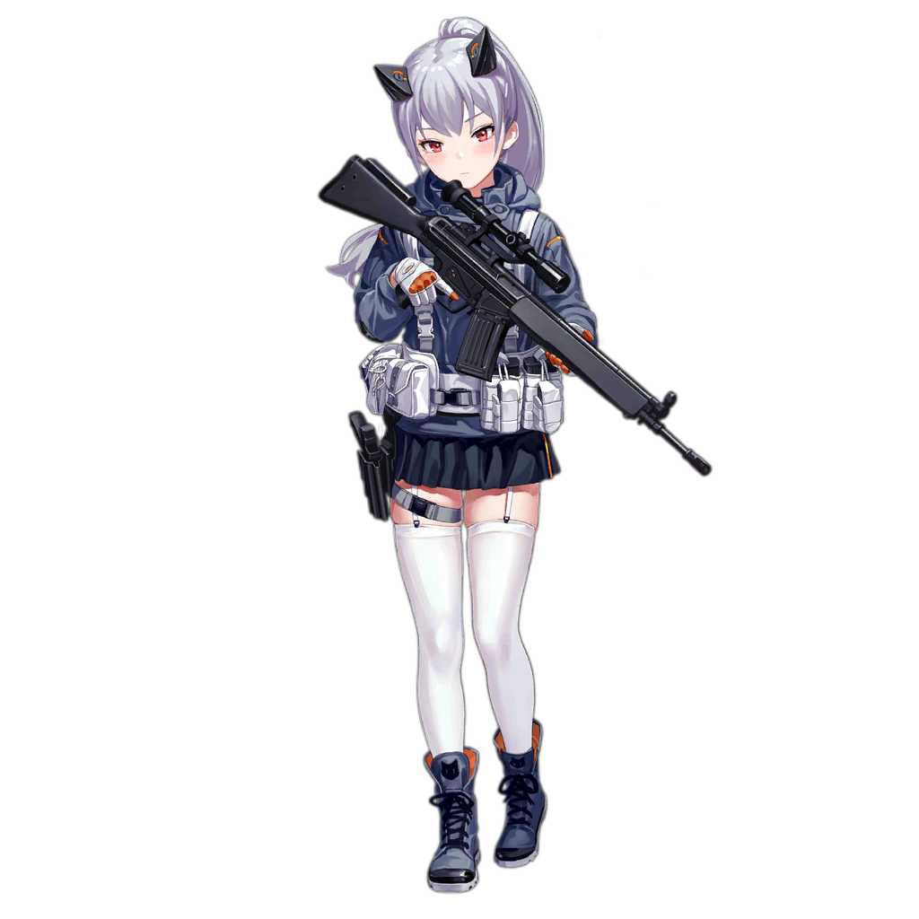 1girl, assault_rifle, bangs, battle_rifle, boots, closed_mouth, cross-laced_footwear, fkey