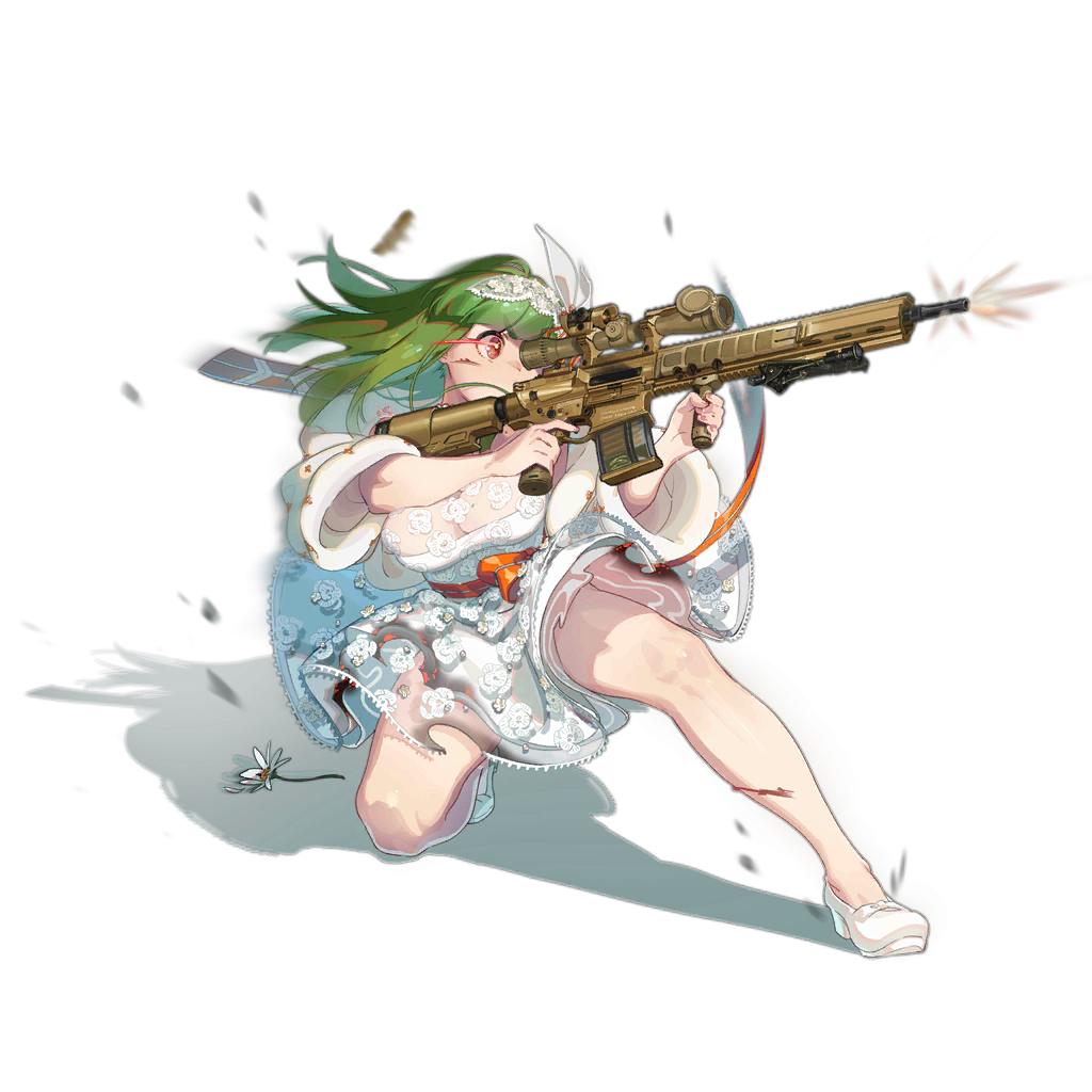 1girl, aiming, alternate_costume, alternate_hair_length, alternate_hairstyle, breasts, choker, collarbone, covered_mouth, damaged, dress, earrings, ejection, finger_on_trigger, floating_hair, flower, full_body, g28_(girls_frontline), girls_frontline, glowing, glowing_eye, green_hair, gun, h&amp;k_g28, hair_ornament, headdress, holding, holding_gun, holding_weapon, jacket, jewelry, large_breasts, layered_dress, looking_afar, medium_hair, mole, mole_on_breast, necklace, official_art, one_knee, pumps, sash, see-through, shell_casing, shrug_(clothing), smile, solo, tearing_up, torn_clothes, transparent_background, ushi_(newrein), weapon, white_dress, white_footwear, white_jacket, wide_sleeves, wind