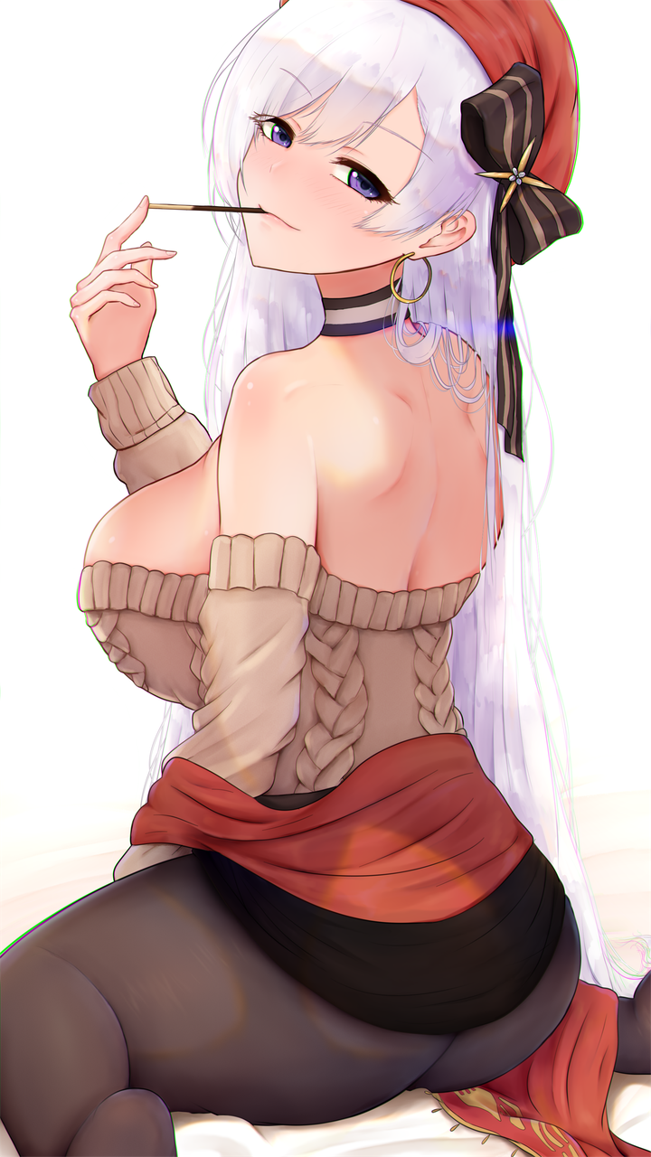 1girl, aran_sweater, ass, azur_lane, belfast_(azur_lane), belfast_(shopping_with_the_head_maid)_(azur_lane), beret, black_legwear